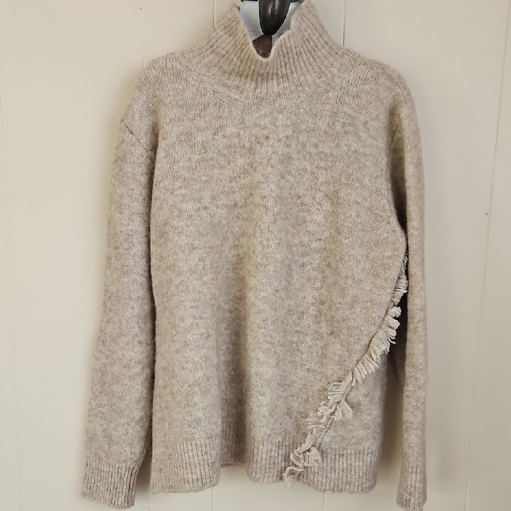 Seventy Camel Color Turtleneck Sweater with Fringe Accent